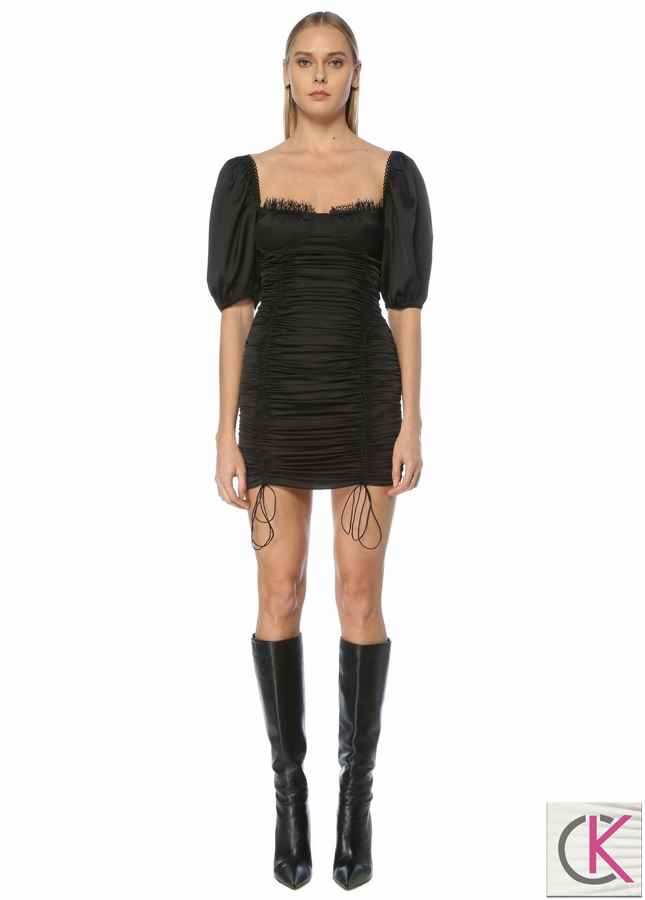 Bellucci Siyah Kalp Yaka Büzgülü Mini Elbise